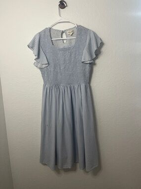 Blue Striped Smocked Midi Dress by MUDPIE